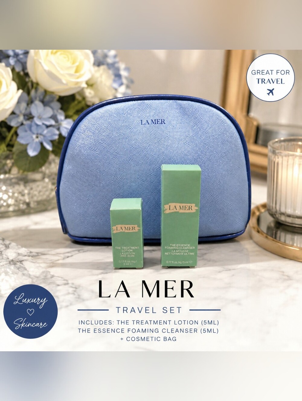 La Mer Mini Skincare Duo with Powder Blue  Metalic Cosmetic Pouch